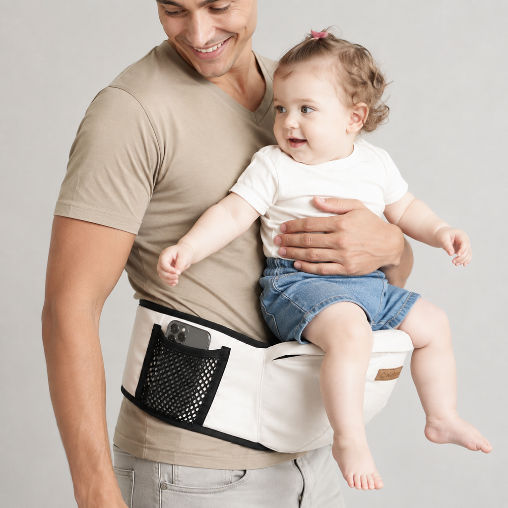 Asiento de Cadera Ergonómico para Bebé — Portabebés de Cintura con Bolsillo | Alivia Brazos y Espalda