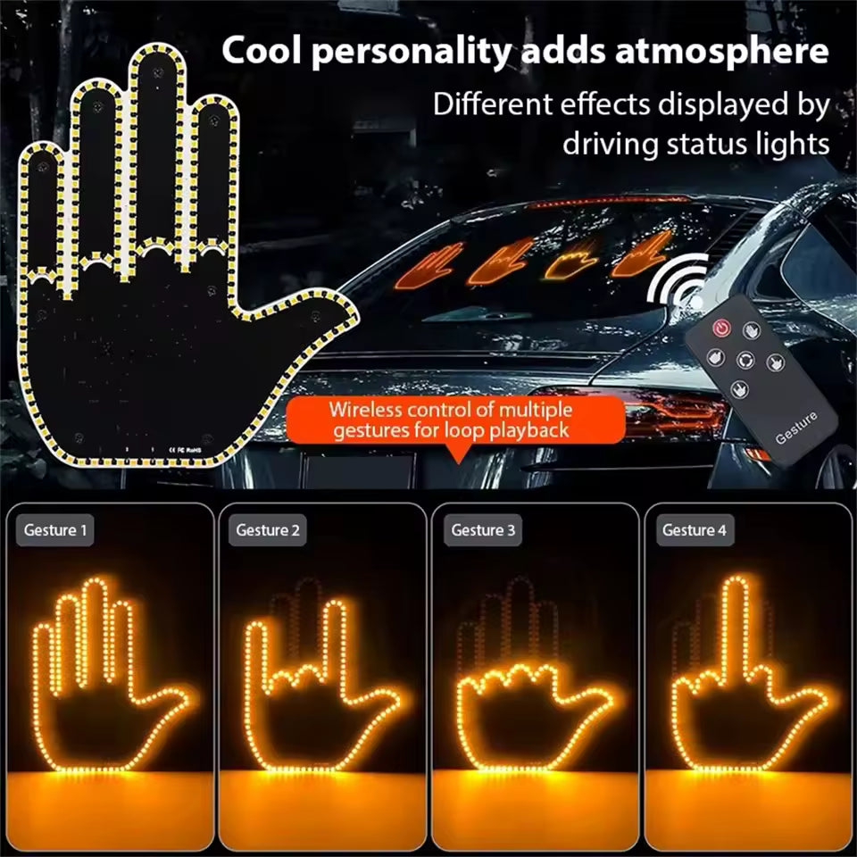 Mano LED Fun Gesture con distintos gestos en la ventana del auto