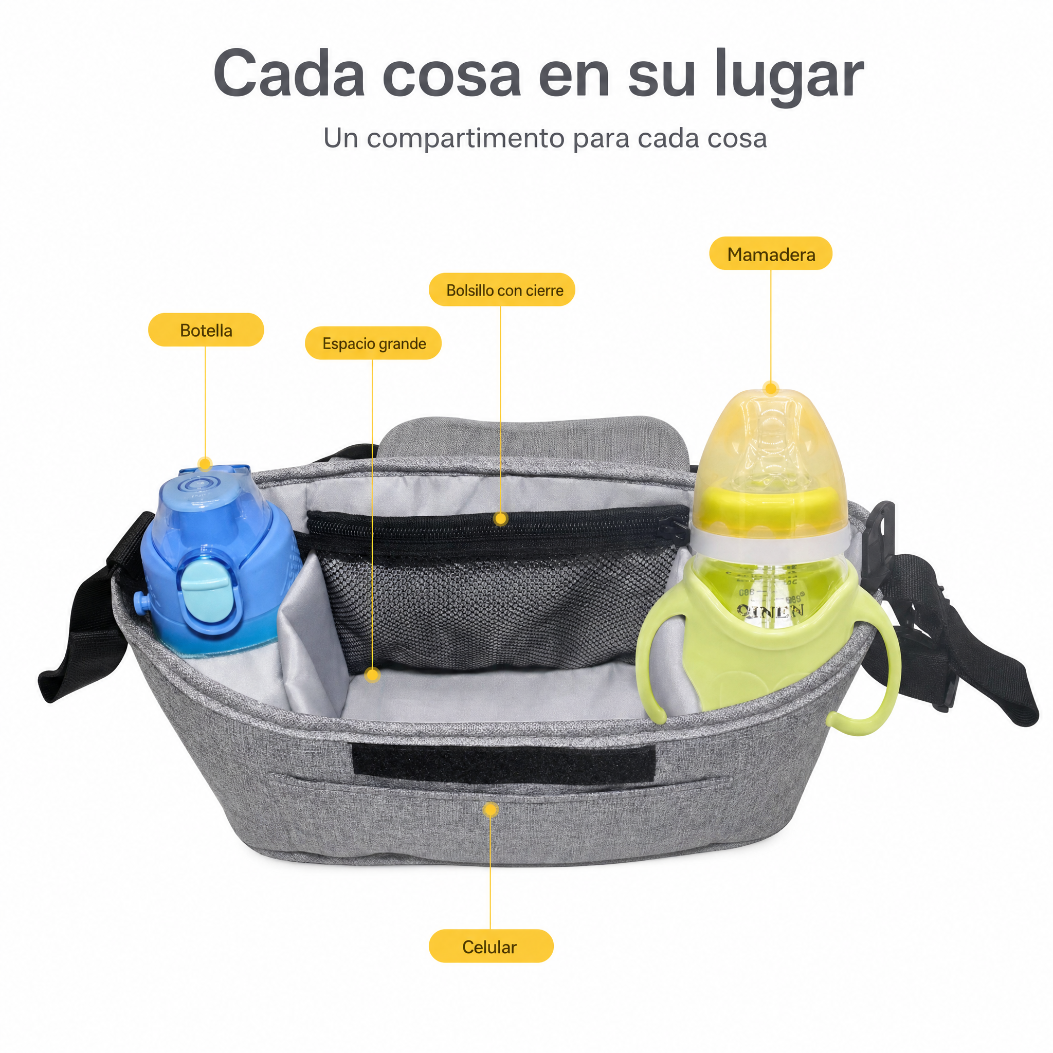 Organizador de coche con una botella y una mamadera en los portavasos